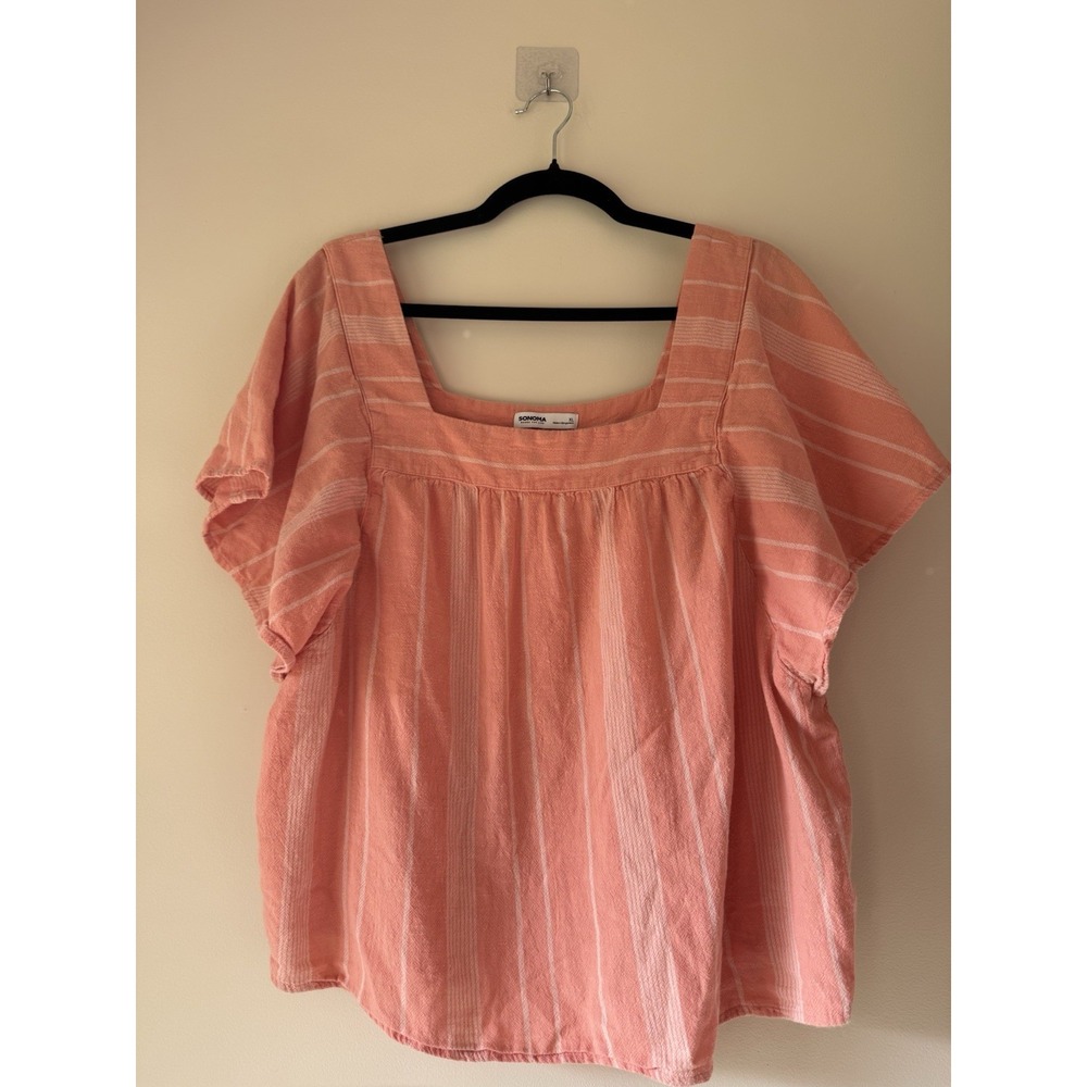 Sonoma Size XL Peach White Stripe Cotton Top Shirt Square Neck Flutter Sleeves